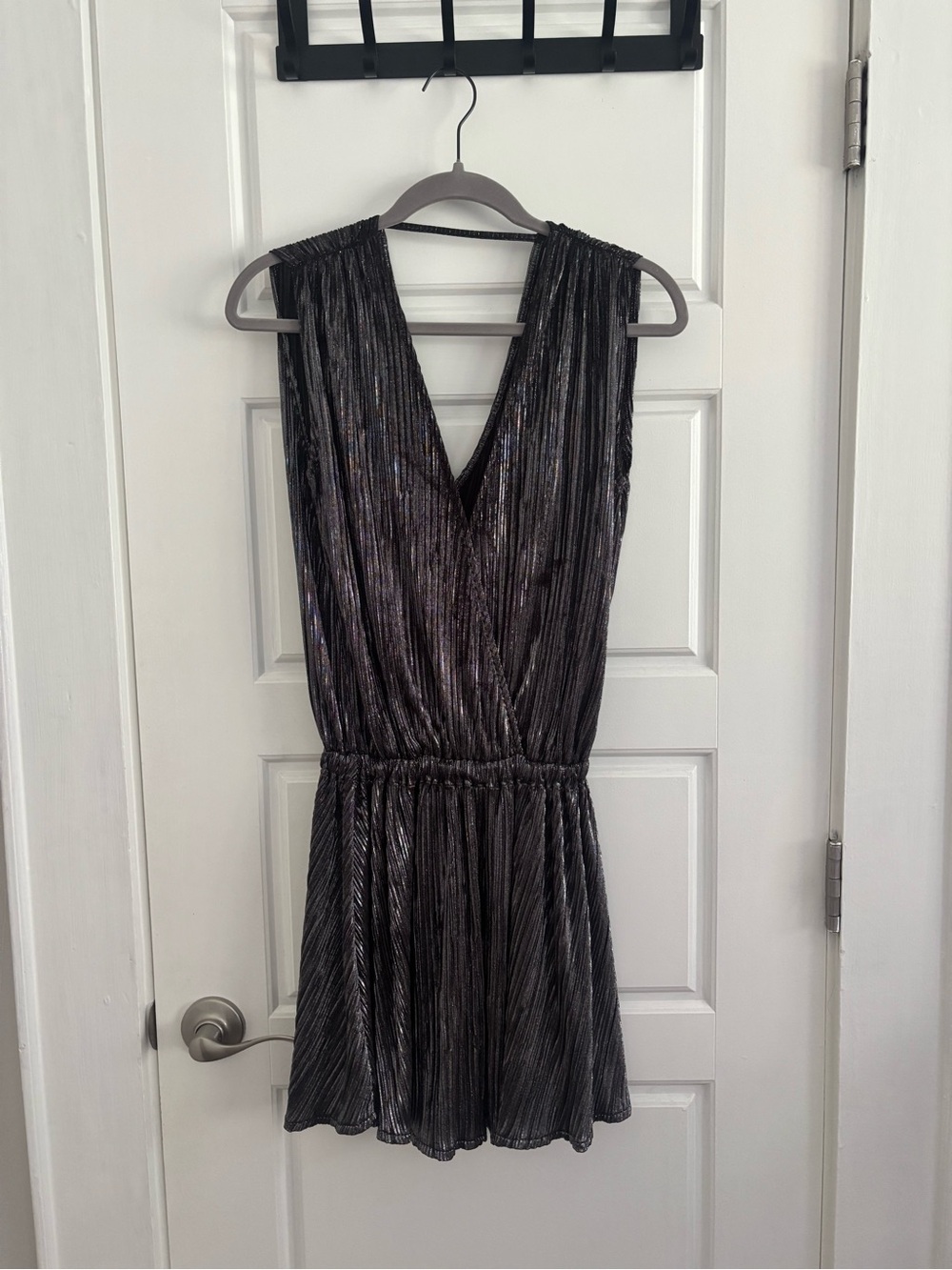 Ramy Brook Metallic Pleated V-Neck Mini Dress in Charcoal